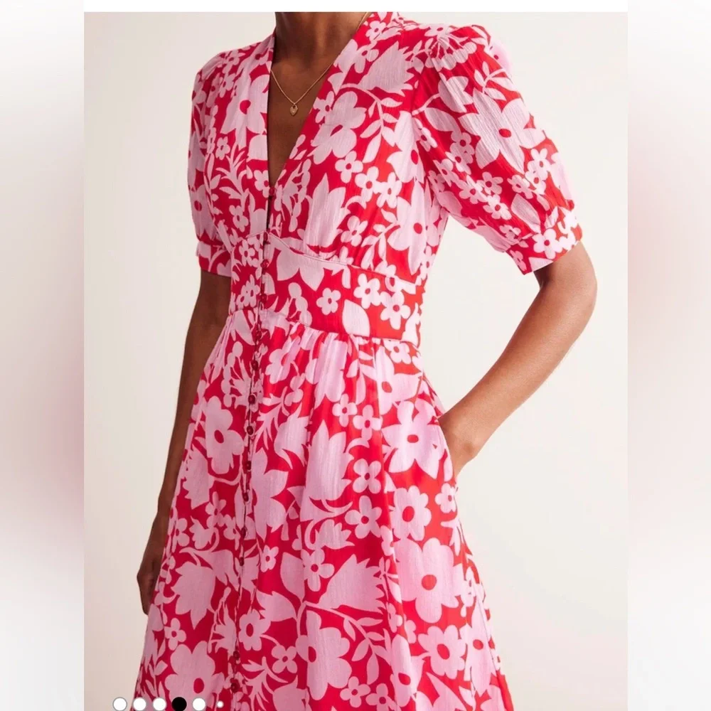 NWT Boden Elsa Crinkle Midi Tea Dress in Flame Scarlet, Tulip Garden US 12R - Picture 2 of 6